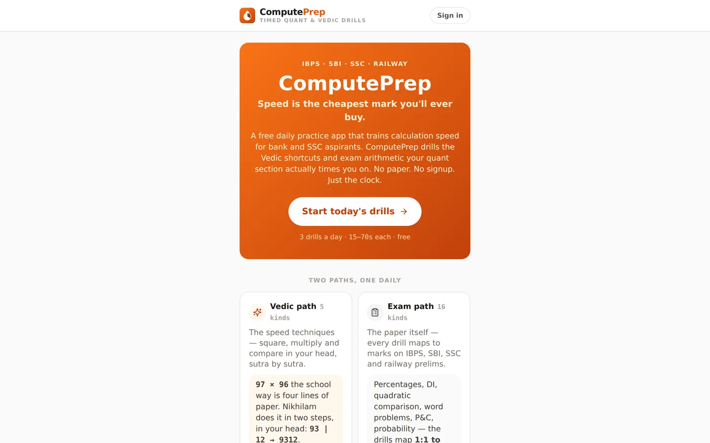 ComputePrep homepage — timed quant and Vedic drills for IBPS, SBI, SSC and railway exams